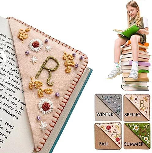 Personalized Hand Embroidered Corner Bookmark, 26 Letters Cute Flower Embroidered Corner Bookmark Embroidery Book Marker Clip for Book Lovers Bookmarks for Reading Lovers Meaningful GIF (Spring, R)