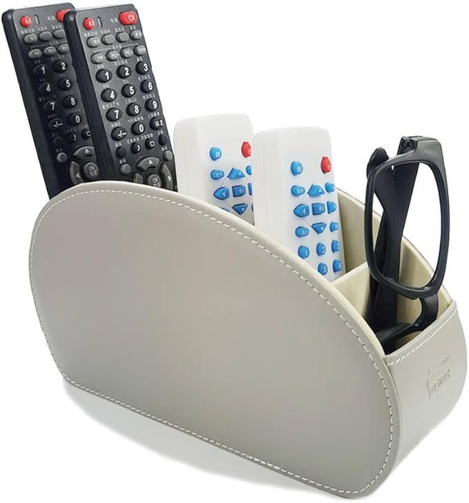 Remote Control Holder Organizer Stable Table Desk Leather Cases Control Storage TV Remote Control Organizer with 5 Spacious Compartments (Grey with Metal Bottom)