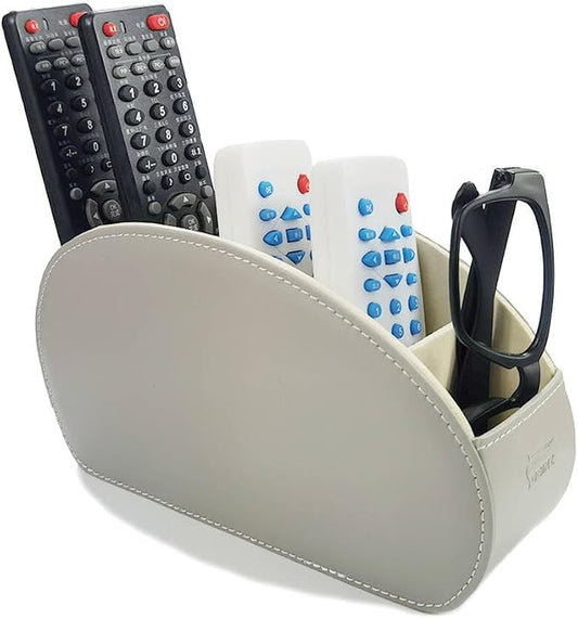 Remote Control Holder Organizer Stable Table Desk Leather Cases Control Storage TV Remote Control Organizer with 5 Spacious Compartments (Grey with Metal Bottom)