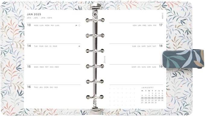 Filofax Botanical Organizer, Pocket Size, Blue - Smooth, Leather-Look, Six Rings, Week-to-View Calendar Diary, Multilingual, 2025 (C022644-25)