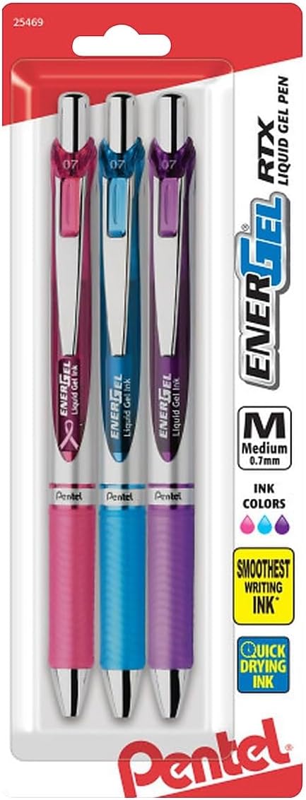 Pentel EnerGel Deluxe RTX Retractable Liquid Gel Pen, Medium Line, Metal Tip, Assorted Ink, 3 Pack (BL77BP3M1)