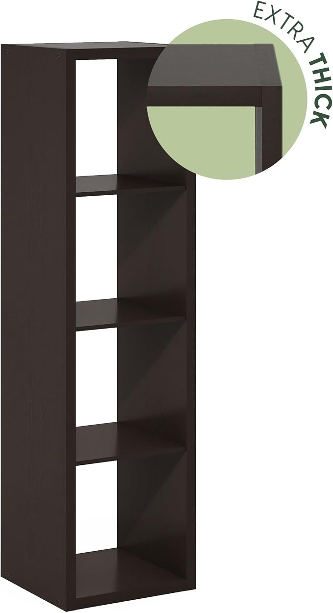 Furinno CUBICLE Book Shelf, Vertical 4-Cube Bookshelf, Extra Thick Horizontally & Vertically Reversible Bookcase with Open Back, 14.6" x 16" x 58",For Living Room, Bedroom, Home Office, Black Dark Oak