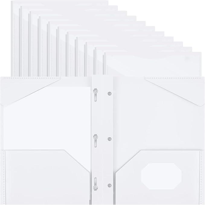 Henoyso 18 Pcs Plastic Folder with Clear Front Pocket and 3 Prong Plastic Folders with Card Slot Pocket Folders with Prongs for School Office (White)