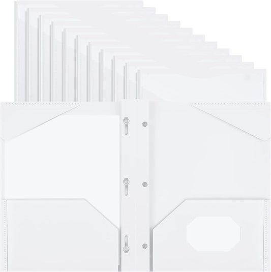 Henoyso 18 Pcs Plastic Folder with Clear Front Pocket and 3 Prong Plastic Folders with Card Slot Pocket Folders with Prongs for School Office (White)