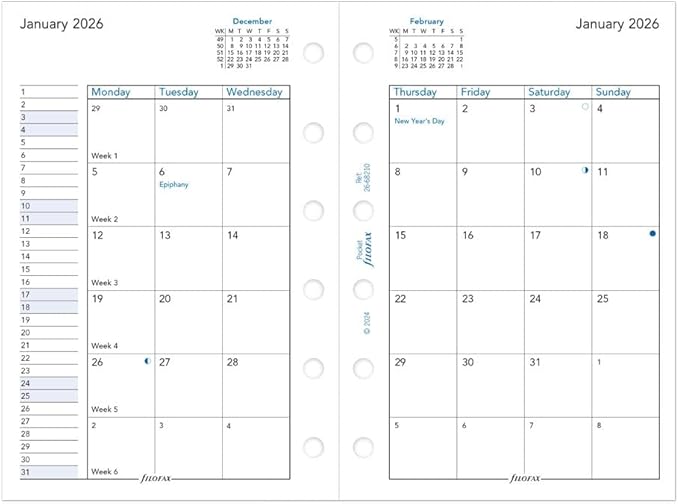Filofax Calendar Diary Refill, Pocket Size, 4-3/4" x 3-1/4", Month-to-View, White Paper, English, 2026 (C68210-26)