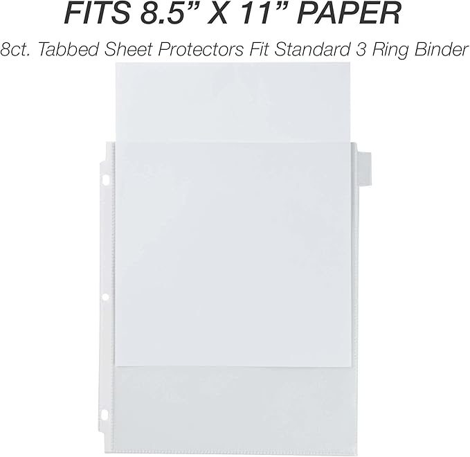 Samsill 8 Tab Recipe Dividers, Recipe Sleeves, Sheet Protector Dividers, with Tab Inserts, Clear, Super Heavyweight, Top Loading, 3 Hole Punched for Standard Letter Size Binders, Archival Safe