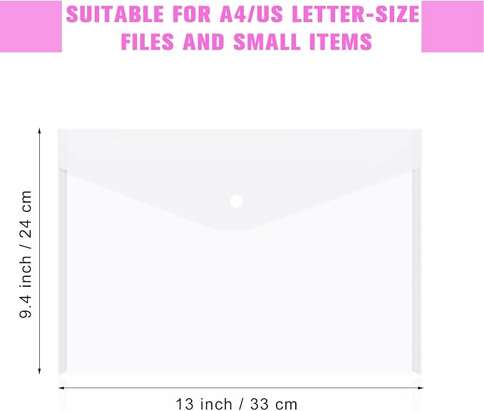 24pcs Plastic Filing Envelopes with Snap Button Closure ，Clear Document Folders for Letter A4 Size Files ，Poly Folders，for School and Office Supplies（White）