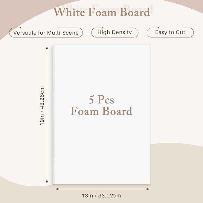 AUEAR, 5 Pack 13x19 White Foam Boards, Foam Core Poster Board for Display, Mounting, Print, Presentation and Projects, 1/8'' Thick
