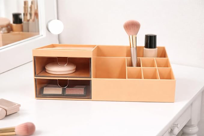 Desktop Drawer Storage Organizer – Multi-Purpose Plastic Makeup & Office Storage Box with Divided Drawers, Dust-Proof Vanity Organizer for Cosmetics, Jewelry & Stationery (Pink)