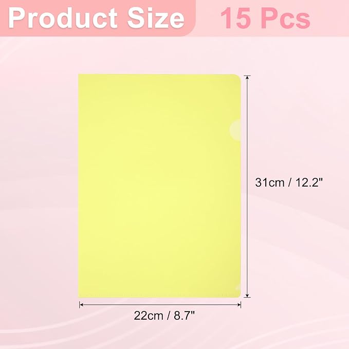 PATIKIL A4 Plastic Folders, 15 Pack Clear Folders L Type Project Pockets Paper Document Jacket Sleeves L Shaped Transparent for Documents Plastic Office File, 8.7x12.2in, Yellow