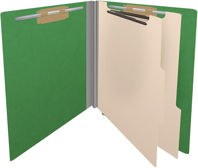 25 Pt. Pressboard Classification Folders, Full Cut End Tab, Letter Size, 2 Dividers, Moss Green (Box of 10)