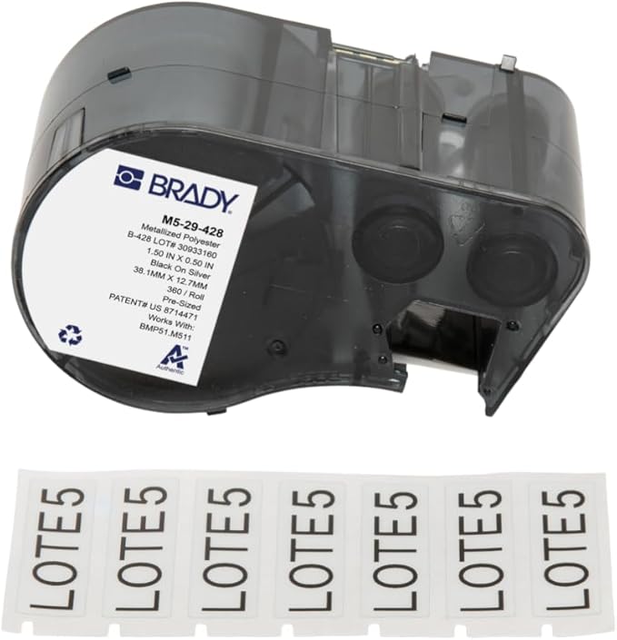 Brady Metallised Polyester Pre-Sized Labels for Label Printer BMP51/BMP53/M511-360 Self Adhesive Printer Labels - Black on Light Grey (38,10 mm (W) x 12,70 mm (H)) - M5-29-428