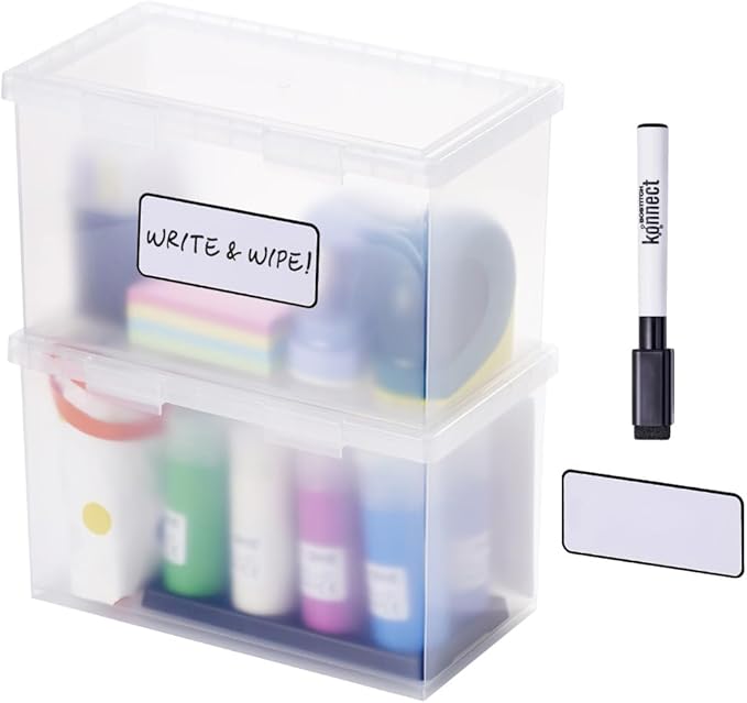 Bostitch Konnect Storage Containers with Lids, Office Organizer, Clear Plastic Box, Desk and Home Organizer, Labels, 4 Qt, 2 Pack