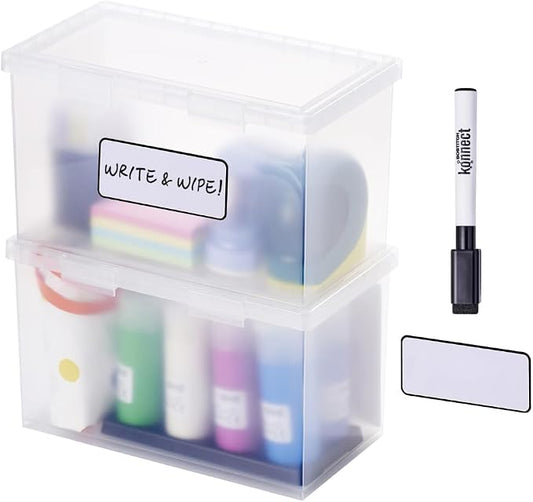 Bostitch Konnect Storage Containers with Lids, Office Organizer, Clear Plastic Box, Desk and Home Organizer, Labels, 4 Qt, 2 Pack