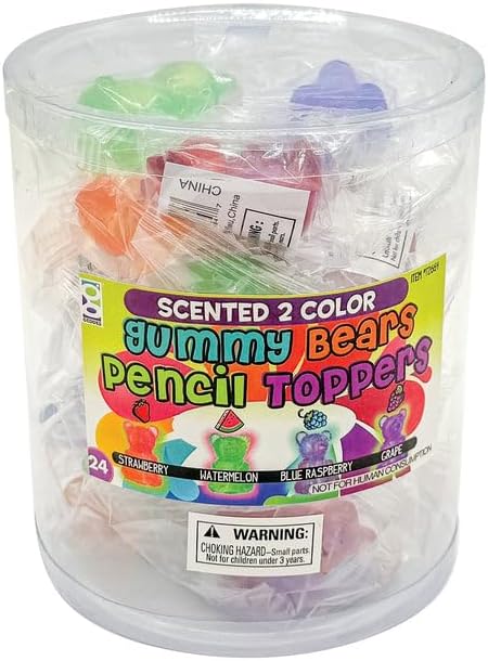 Raymond Geddes Scented 2-Color Gummy Bear Pencil Toppers - Pack of 24 - Fun and Aromatic Pencil Accessories for Kids