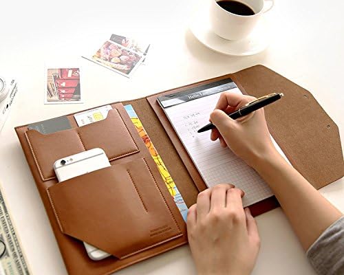 Modern Design PU Leather Padfolio, A5 Size Writing Portfolio Includes Writing Pad, Pen Holder, Card & ID Slots, Extra Pockets, Carry Case Pad Holder, 7”X9” (Brown)