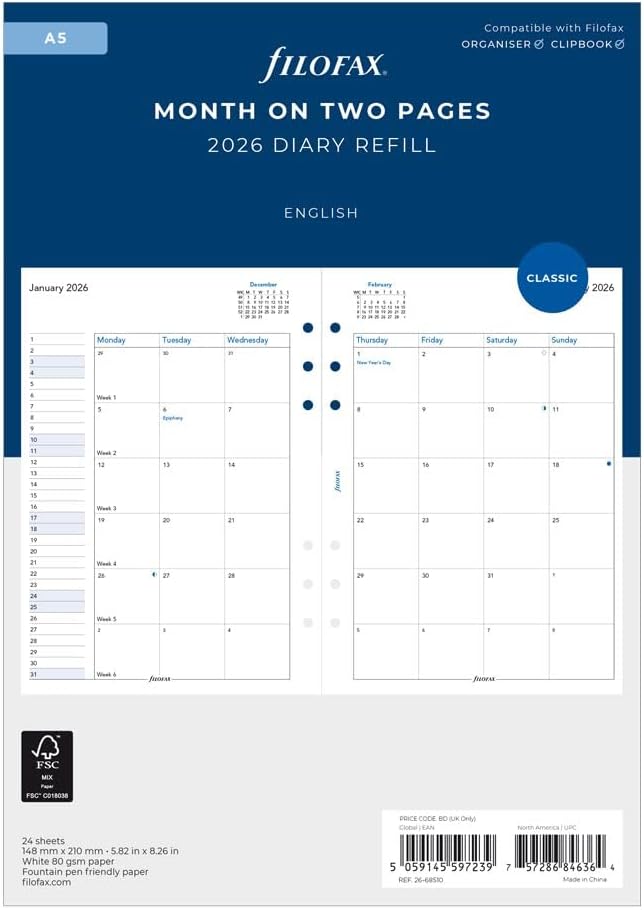 Filofax Calendar Diary Refill, A5 Size, Month-to-View, White Paper, English, 2026 (C68510-26)