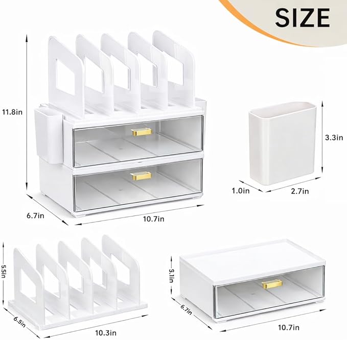 CiWiVOKi White Desk Organizer with 4 File Holder Slots, 2 Clear Drawers & Dual Pen Holders, Sturdy Multi-Functional Desktop Storage for Home Office, Mail Sorter & Caddy