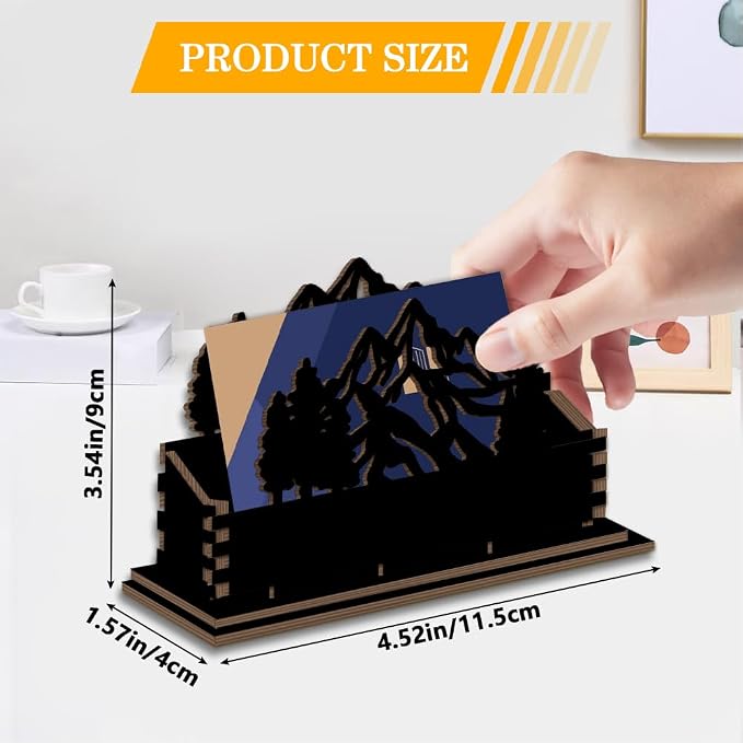 2Pcs Mountain Business Card Holder for Desk 4.5 x 1.6 x 3.5 Inch Business Card Display Stand Black Mountain Forest Wooden Decorative Organizers for Office Desktop Home Tabletop Decorations