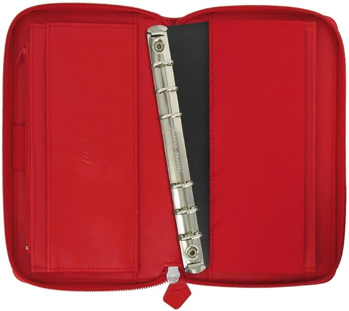 Filofax Saffiano Zip Organizer, Personal Compact Size, Poppy - Cross-Grain, Leather-Look, Six Rings, Week-to-View Calendar Diary, Multilingual, 2025 (C022534-25)