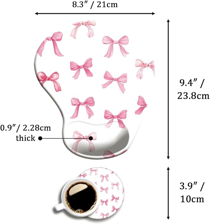 Ergonomic Mouse Pad with Wrist Support,Cute Mouse Pad with Wrist Rest and Coaster Set,Office Supplies Non-Slip Mouse Pads for Desk, Non-Slip Comfortable,Pink Bow