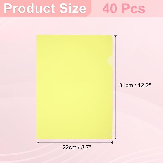 PATIKIL A4 Plastic Folders, 40 Pack Clear Folders L Type Project Pockets Paper Document Jacket Sleeves L Shaped Transparent for Documents Plastic Office File, 8.7x12.2in, Yellow