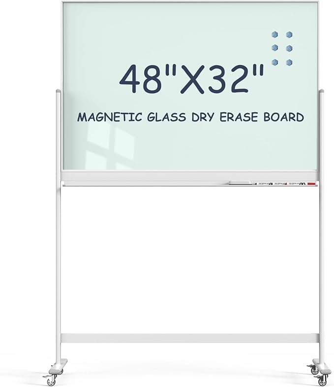 Tankee Rolling Whiteboard, 48x32 Inches Magnetic Glass Dry Erase Board with Stand, Standing White Board on Wheels, Large Glass Mobile Whiteboard for Office School Classroom Home Homeschooling