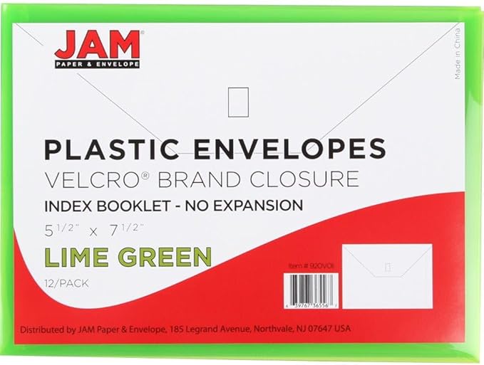 JAM PAPER Plastic Envelopes with Hook & Loop Closure - Index - 5 1/2 x 7 1/2 - Lime Green - 3/Pack
