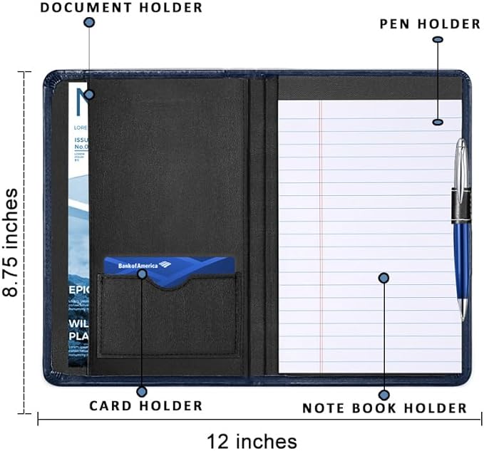 Mini Padfolio/Junior Portfolio Folder Case, Business A5 Binder Organizer Notepad for Men Women, 5 x 8 Writing Pad Included, Navy Blue