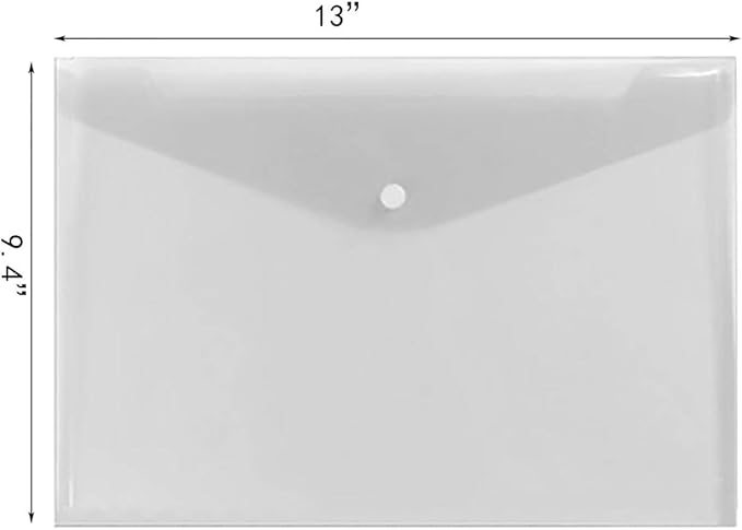 Poly Envelope 12 Pcs Document Envelopes with Snap Button Quality Clear Document Folder for A4 Size (‎Clear)