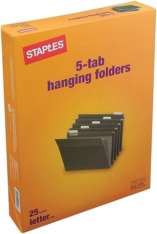 Staples Hanging File Folders, Letter Size, 1/5‑Cut Tabs, Standard Green, Includes Tabs & Paper Inserts – 25/Pack