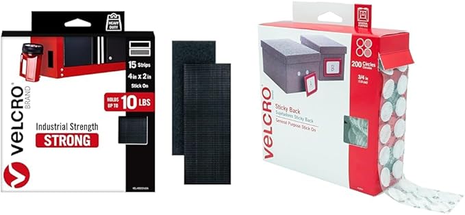 VELCRO Brand Heavy Duty 15 Sets Strips with Adhesive and 200 Pk Dots with Adhesive, Black and White