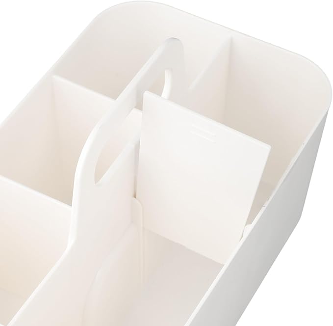 Stackable Plastic Storage Bins with Removable Divider, Portable Organizer Basket with Handle for Office Desktop Supplies and Cosmetics,(White)