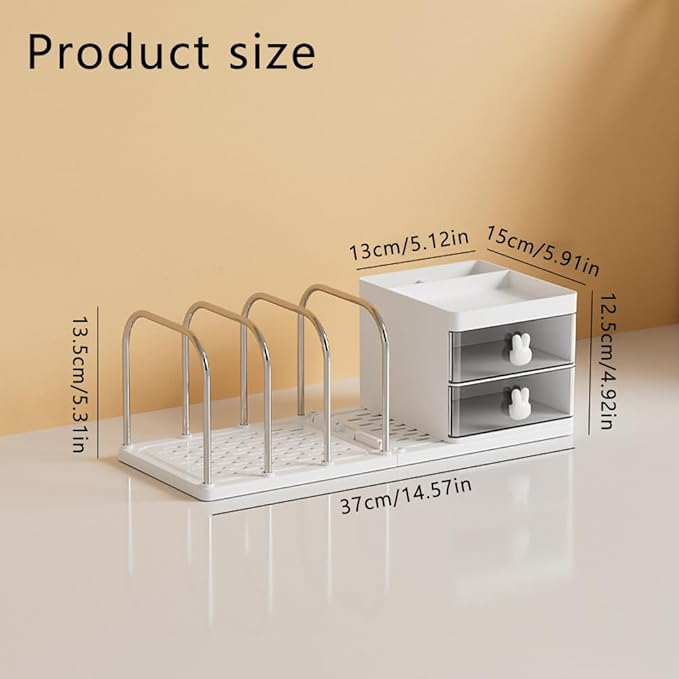 Desk Organizer with Bookends, Desktop Storage Box with 2 Drawers 3 Top Compartments and 4 Bookends, Multi-Functional Desk Accessories Organizer for Home Office School Supplies (White)