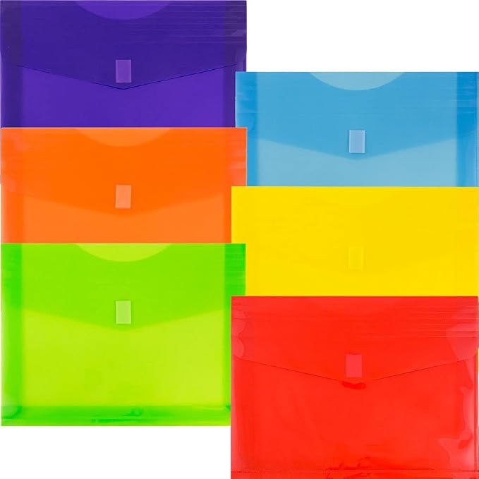 JAM PAPER Plastic Expansion Envelopes with Hook & Loop Closure - Letter Booklet - 9 3/4 x 13 with 2 Inch Expansion - Assorted Colors - 6/Pack