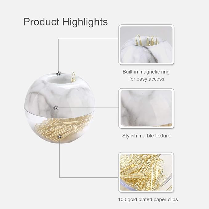MultiBey NE-Clip-Marble-Round Paper Clips in Elegant Magnetic Marble White Clip Holder, 28mm, Gold, 100 Clips Per Box