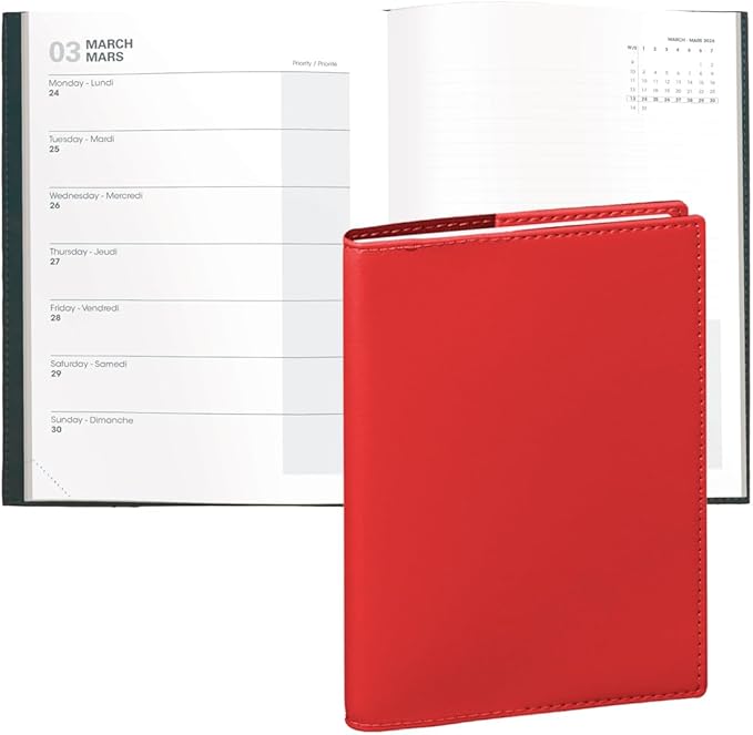 Quo Vadis 2026 Note - Bi-Lingual (EN/FR) - Weekly/Monthly Planner - 16 Months, Sept. 2024 to Dec. 2026 - 6" x 8 1/4" - Smooth Faux Leather Soho Red Cover - A Modern Design for Journaling and Detailed Planning