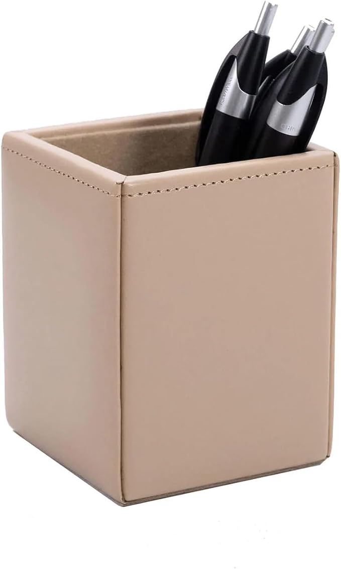 DACASSO Bonded Leather Pencil Cup - Luxury Cup Storage For Pens, Pencils, & Office Accessories - Elegant Pen Organizer & Executive Desk Decor - (White Latte)