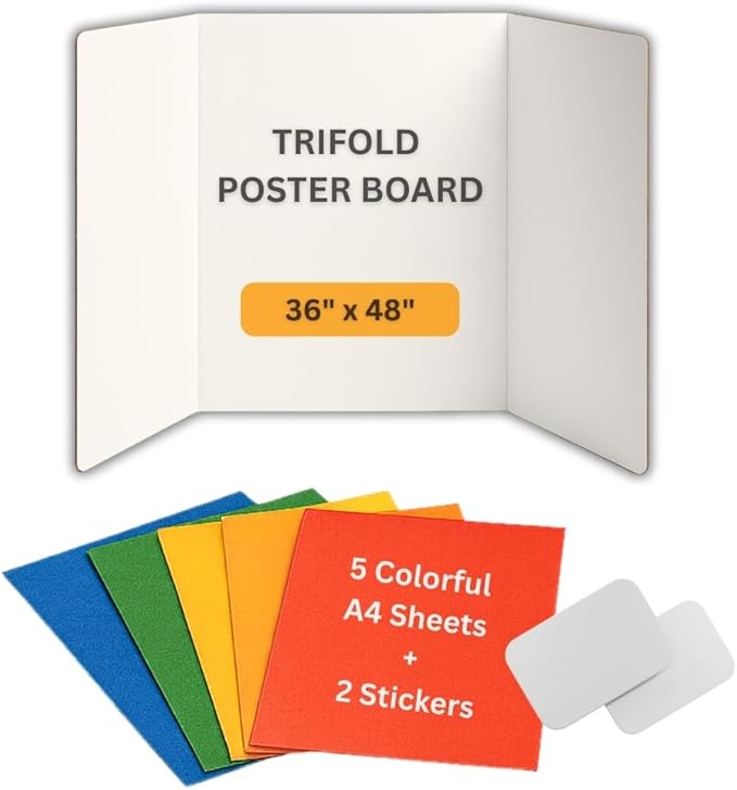 Trifold Poster Board 36"x48" Corrugated Display Board with Bonus 5 Colored A4 Sheets & Label, White Front Kraft Back Perfect for School Projects, Business Presentations, Science Fairs (White)