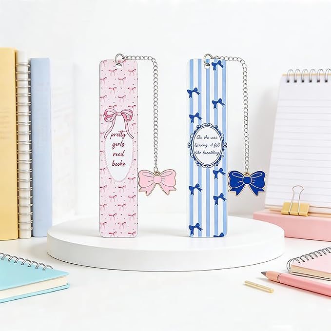 Pink Bowknot Stainless Steel Bookmark - Printed with Cute Bowknot Patterns & Equipped with Heart Pendants, Ideal for Female Readers, Perfect Birthday Gift for Girlfriends (2pcs Set A)