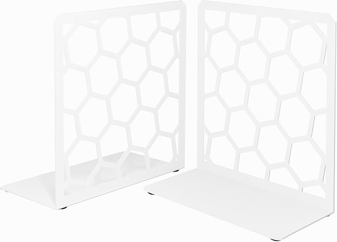 White Geometric Honeycomb Metal Bookends - Book Ends for Shelves - Decorative Modern Heavy Duty Bookend Stopper - Book Ends for Heavy Books - Home Office Book Holder - 1 Pair, 6x3.25x6.25 in
