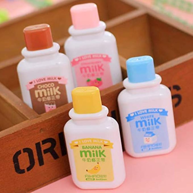 4PCS Milk Bottle Style Correction Tape,Cute Kawaii Stationery Tear Resistant White Tapes for School Office Supplies(Random Color)