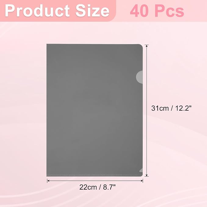 PATIKIL A4 Plastic Folders, 40 Pack Clear Folders L Type Project Pockets Paper Document Jacket Sleeves L Shaped Transparent for Documents Plastic Office File, 8.7x12.2in, Gray