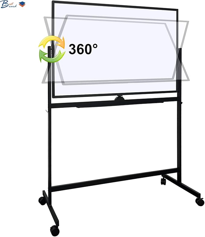 48" × 32" Double Sided Mobile Whiteboard, Dry Erase Board on Wheels with Rolling Stand, 360° Rotating & Height Adjustable, 3-Level Adjustment, Black Frame, for Office Classroom Home