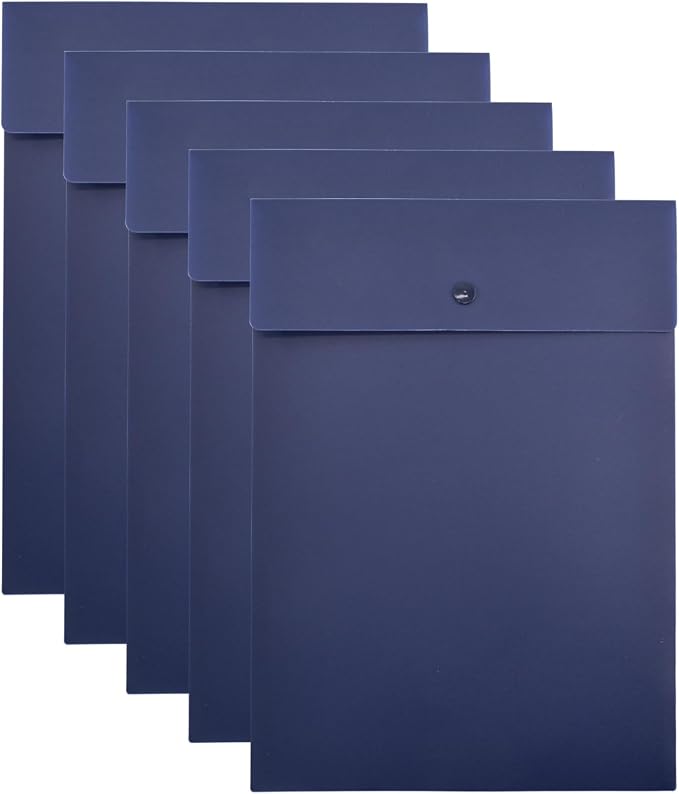 VANRA Vertical File Folders Poly Filing Envelope Plastic Project Folder with Snap Button Closure for A4 Letter Size Paper (Pack of 5, Navy Blue)