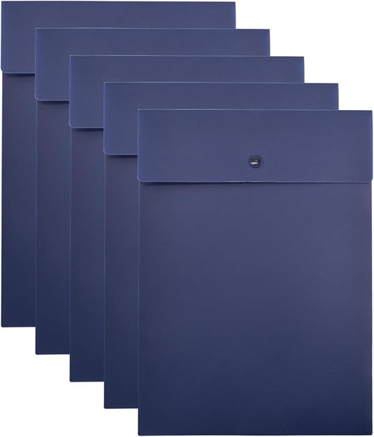 VANRA Vertical File Folders Poly Filing Envelope Plastic Project Folder with Snap Button Closure for A4 Letter Size Paper (Pack of 5, Navy Blue)