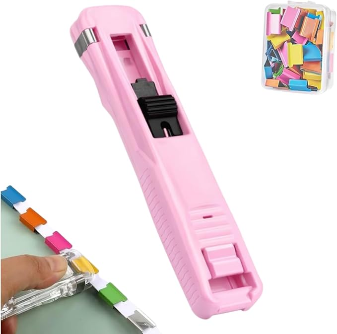 Portable Binder Clip Stapler - Includes 50 Reusable Clips, 2026 New Mini Push Stapler Clamp Staplers, Desktop Push Stapler Binder Clips for Home School Offic (Pink)