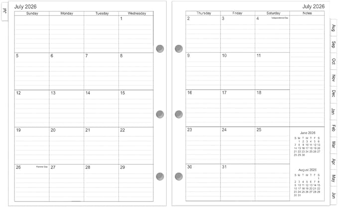 2026-2027 Monthly Planner Refill, Jul 2026 to Jun 2027, Two Pages Per Month, Letter Size, 8-1/2" x 11",3-Hole Punched,2026-2027 Planner Inserts