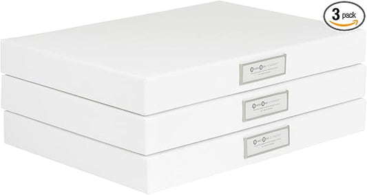 Bigso Sven Fiberboard Classic Hinged Document Box - File Organizer for Important Paperwork - Document Storage Box with Hinged Lid & Metal Label Window - 1.8 in x 13.2 in x 9.3 in - 3 Pack - White