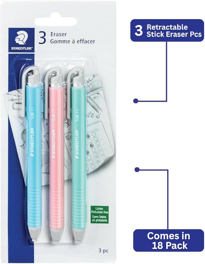 STAEDTLER Vinyl Eraser Holder 18-Pack (18 Sets of 3 pcs): 3 Units Retractable Erasers for Pencils, Soft Vinyl, Latex-Free, Clean Edges, No Smudges, Pastel Colors, 54 Count